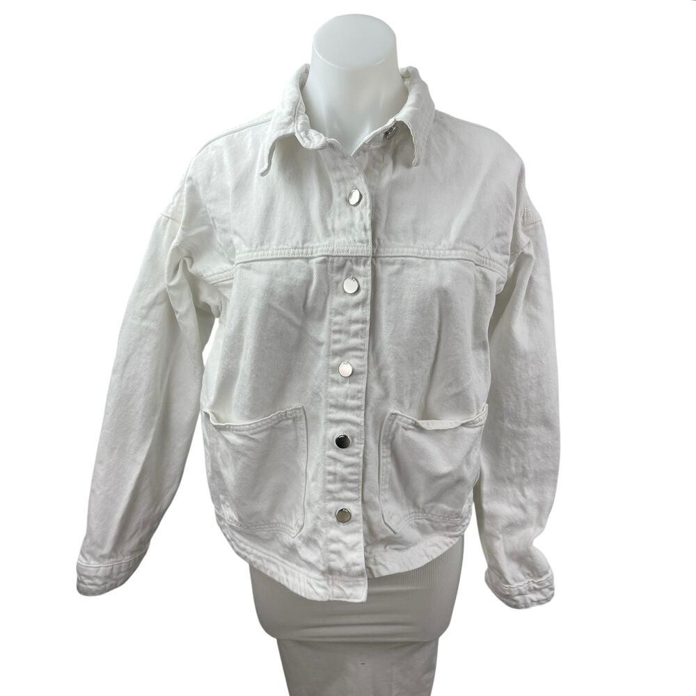 Zara Women's White Collared Long Sleeve Button Down Shirt Denim Coat Jacket M/L